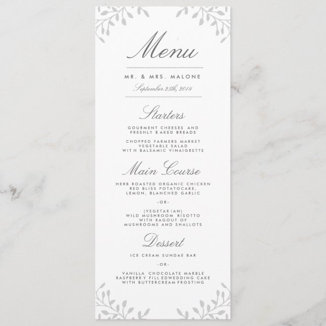 Secret Garden Wedding Dinner Menu - Grey (Front)