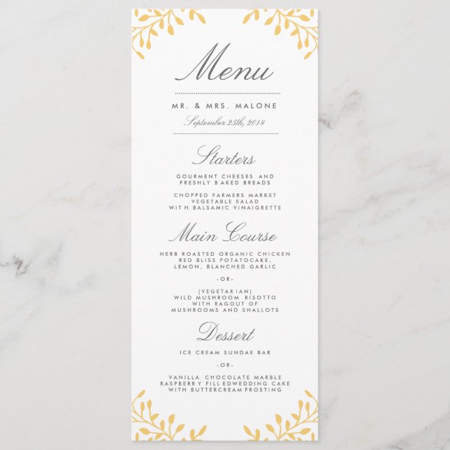 Secret Garden Wedding Dinner Menu - Mustard Yellow (Front)