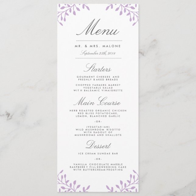 Secret Garden Wedding Dinner Menu - Orchid (Front)