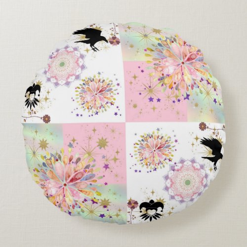 Secret Garden With Harlequin and Crow Round Pillow