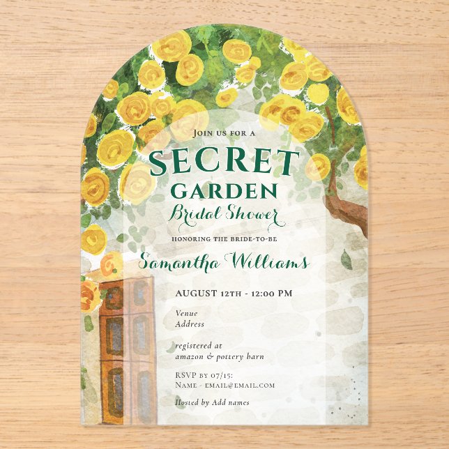 Secret Garden Yellow Roses Enchanted Bridal Shower Acrylic Invitations (Front)