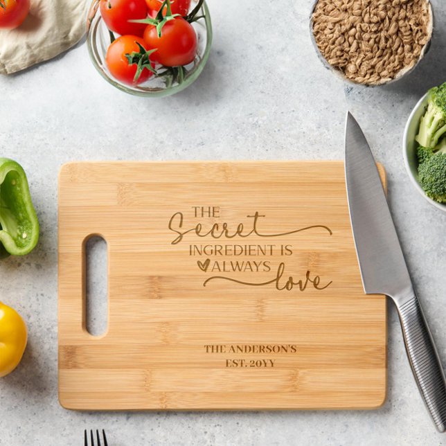 Secret Ingredient is Always Love Family Name Engraved Cutting Board (Married couples Chopping board from Newlywed Christmas Gift collection by Darling & May)