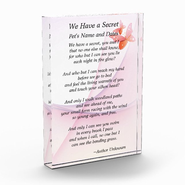 Secret Prayer for Pet Memorial Personalized Acrylic Award (Left)