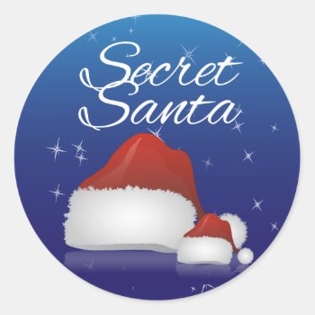 Secret Santa  Blue/hat Classic Round Sticker by ChristmasCardShop at Zazzle