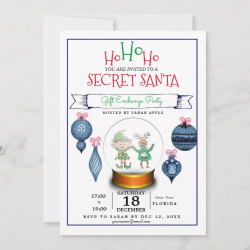 secret Santa christmas blue gift exchange invite