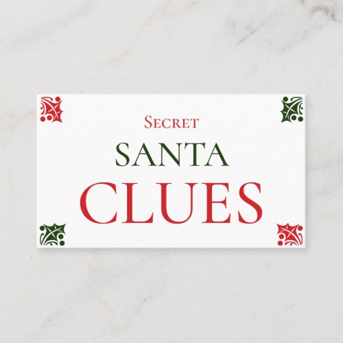 Secret Santa Clues Christmas Gift Exchange Game Business Card