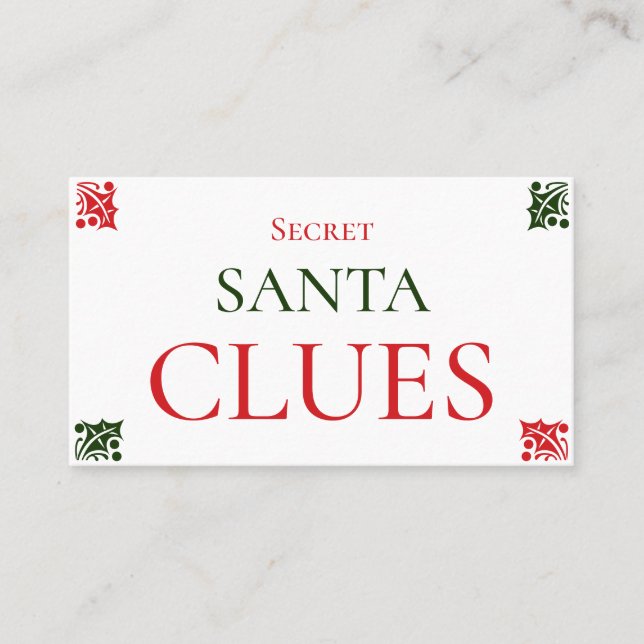 Secret Santa Clues Christmas Gift Exchange Game Business Card (Front)