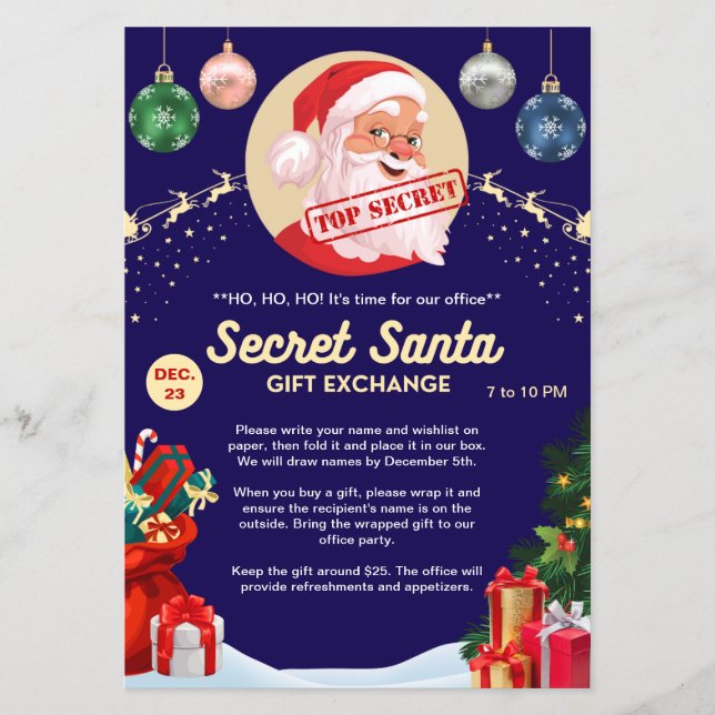 Secret Santa Gift Exchange Blue Xmas Event Party Flyer (Front)