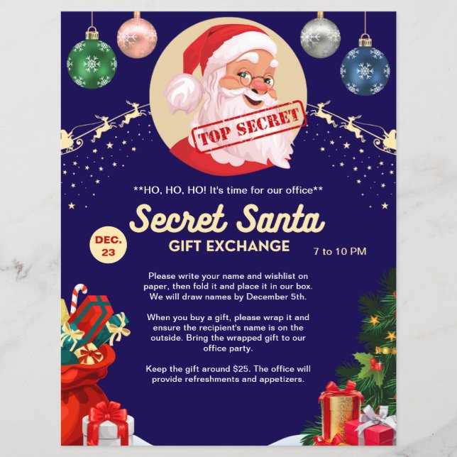Secret Santa Gift Exchange Blue Xmas Event Party Flyer (Front)