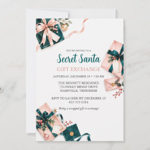 Secret Santa Gift Exchange Blush & Teal Christmas Holiday Card