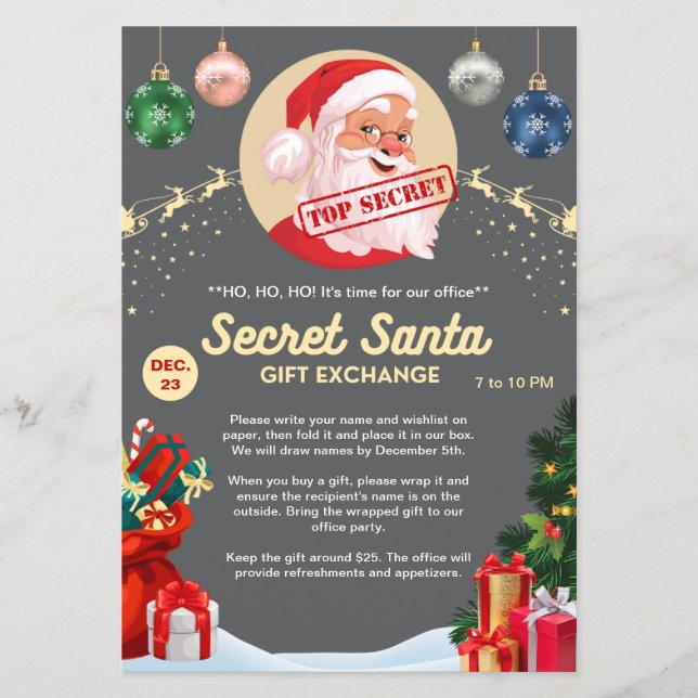 Secret Santa Gift Exchange Gray Xmas Event Party Flyer (Front)