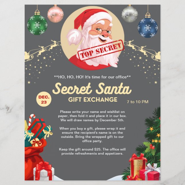 Secret Santa Gift Exchange Gray Xmas Event Party Flyer (Front)