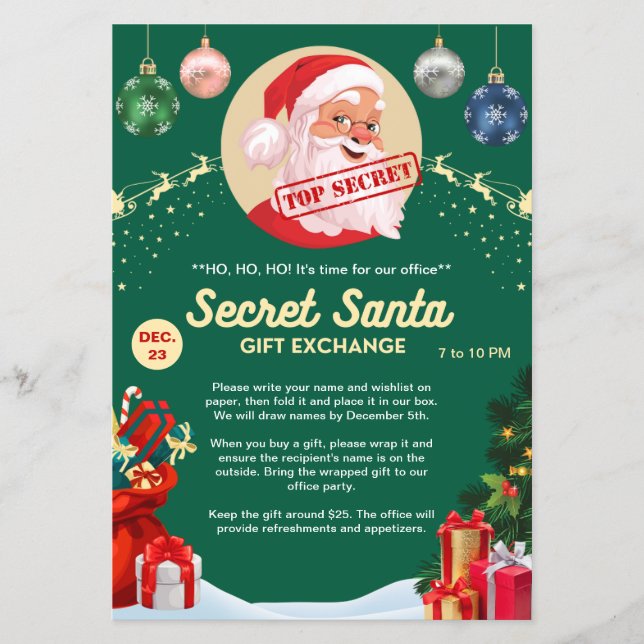 Secret Santa Gift Exchange Green Christmas Party Flyer (Front)