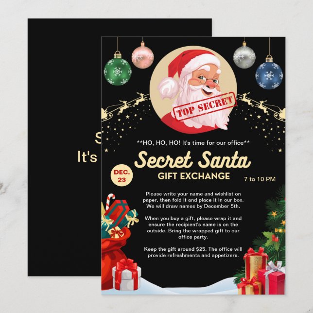 Secret Santa Gift Exchange Office Home Black Party Invitation (Front/Back)