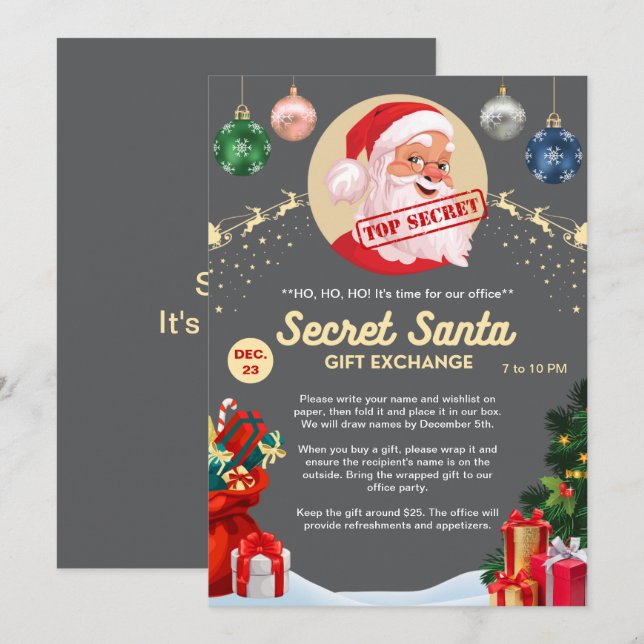 Secret Santa Gift Exchange Office Home Gray Party Invitation (Front/Back)