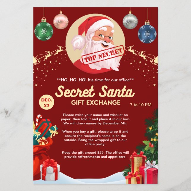 Secret Santa Gift Exchange Red Xmas Event Party Flyer (Front)