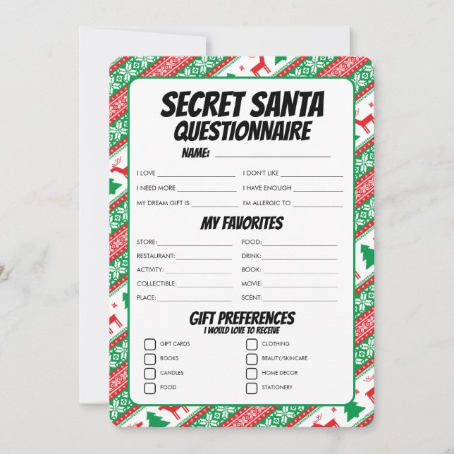 Secret Santa Gift Questionnaire Holiday Card (Front)