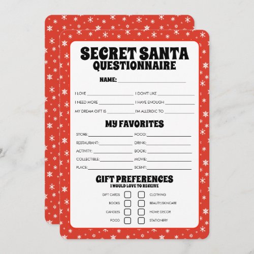 Secret Santa Gift Questionnaire Holiday Card