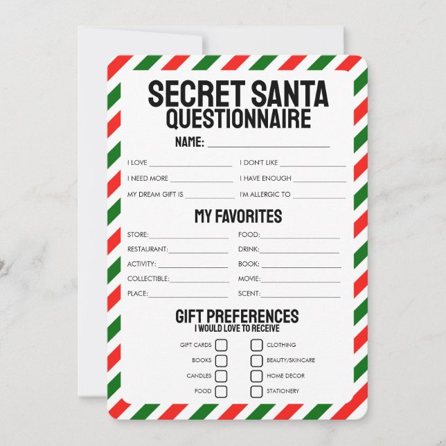 Secret Santa Gift Questionnaire Invitation (Front)