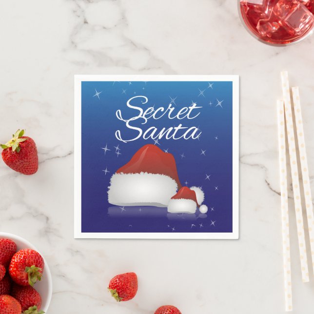 Secret Santa Hat Blue Background Christmas Party Napkins (Insitu)