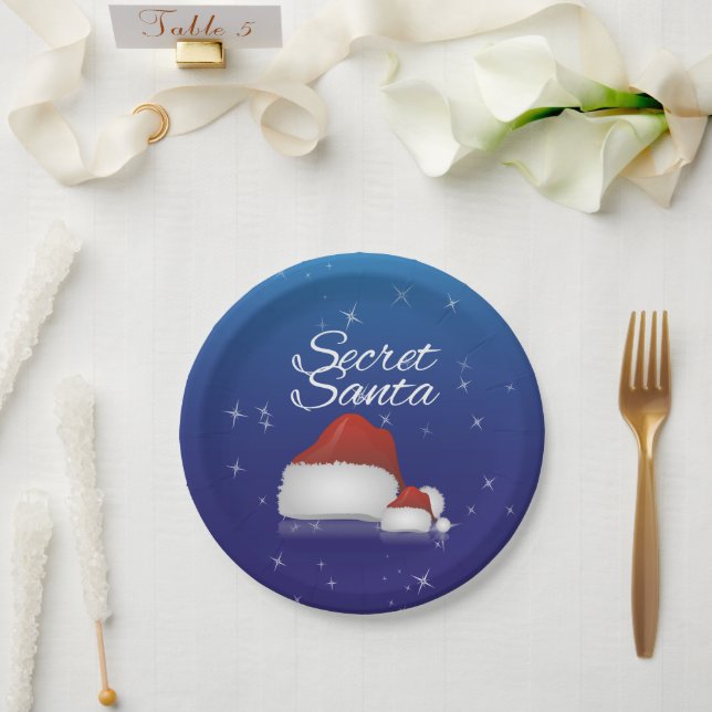 Secret Santa Hat Blue Background Christmas Party Paper Plates (Wedding)