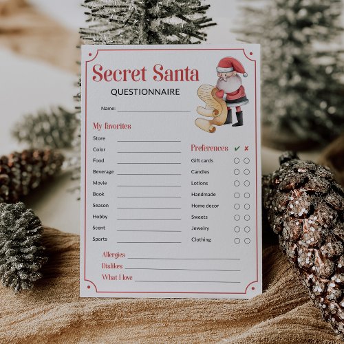 Secret Santa Questionnaire for Gift Exchange Card