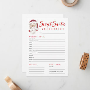 Secret Santa Questionnaire Gift Exchange Party Note Card