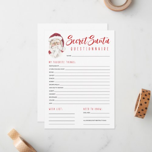 Secret Santa Questionnaire Gift Exchange Party  Note Card