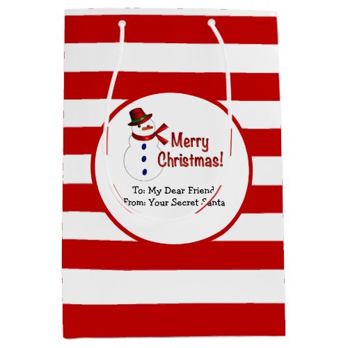 Secret Santa Red Stripes Merry Christmas Snowman Medium Gift Bag