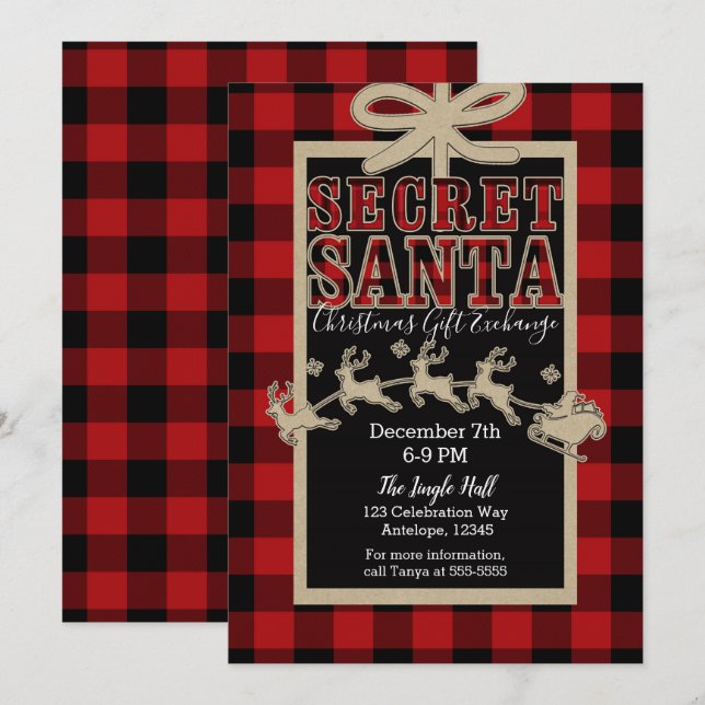 Secret Santa Rustic Holiday Red Plaid & Kraft Invitation (Front/Back)