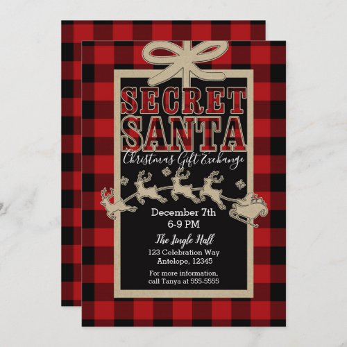 Secret Santa Rustic Holiday Red Plaid  Kraft Invitation
