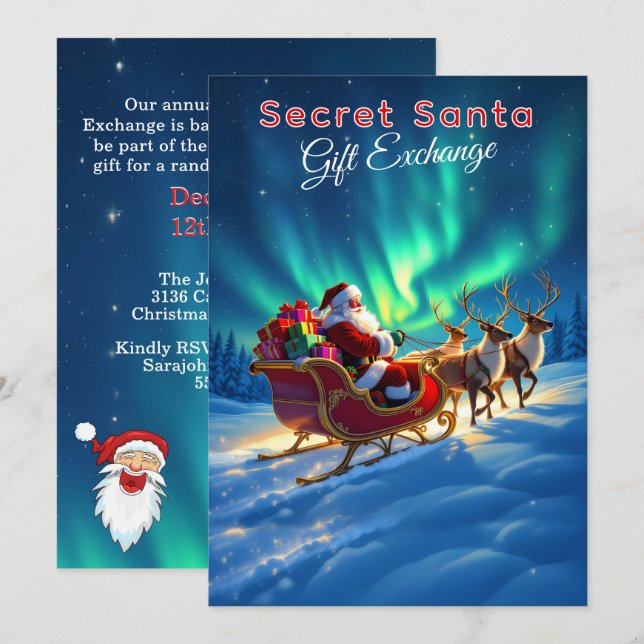 Secret Santa Sleigh & Northern Lights 5x7 Party Invitation (Front/Back)