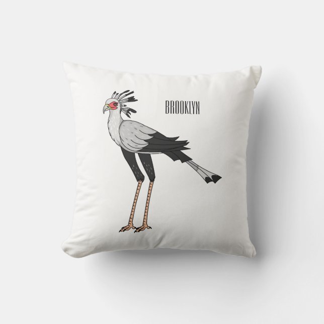 Secretary bird cartoon illustration throw pillow (Front)