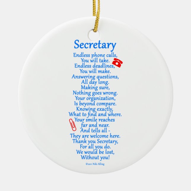 Secretary  Thank You Ceramic Ornament (Front)