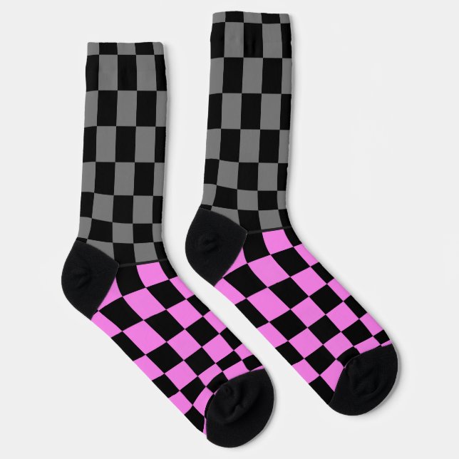Secretly Wild check gray pink on black Socks (Right)
