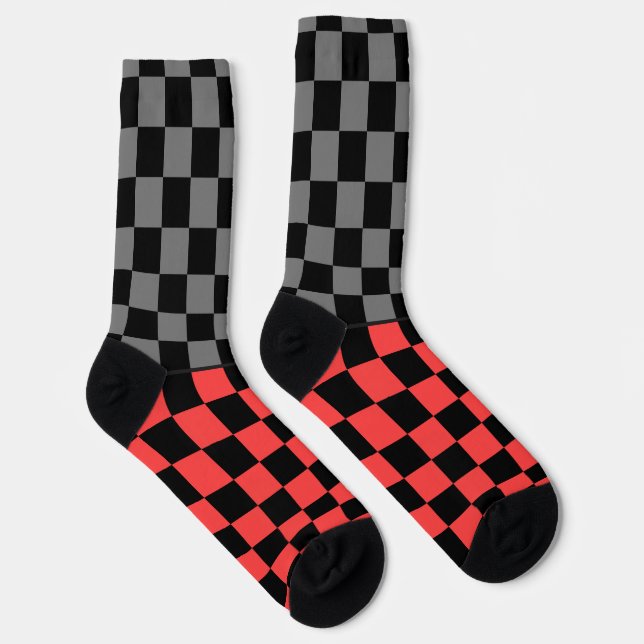 Secretly Wild check gray red on black Socks (Right)