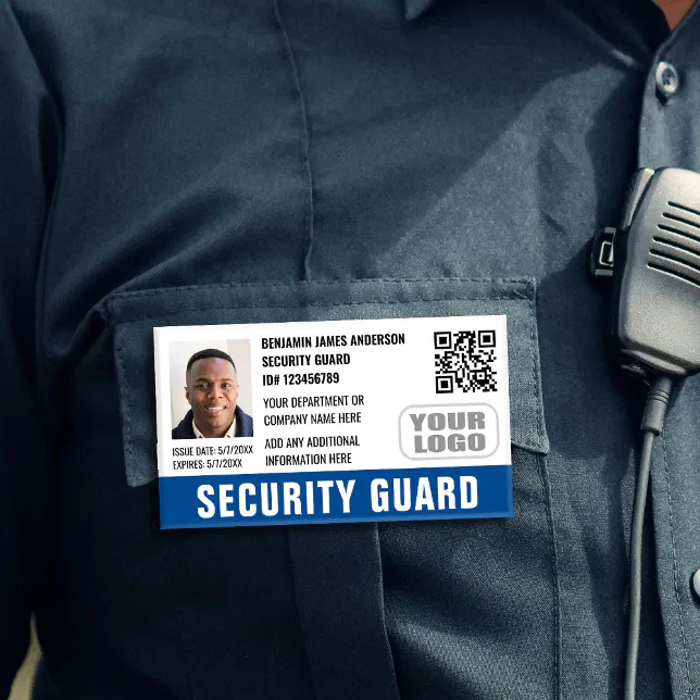 Security Guard ID Photo Name Logo QR Blue Tag | Zazzle