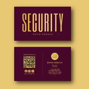 Security QR Code Logo Burgundy And Gold  Business Card