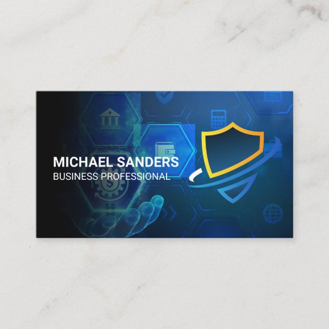 Security Shield Logo | Tech Finance Background Business Card (Front)