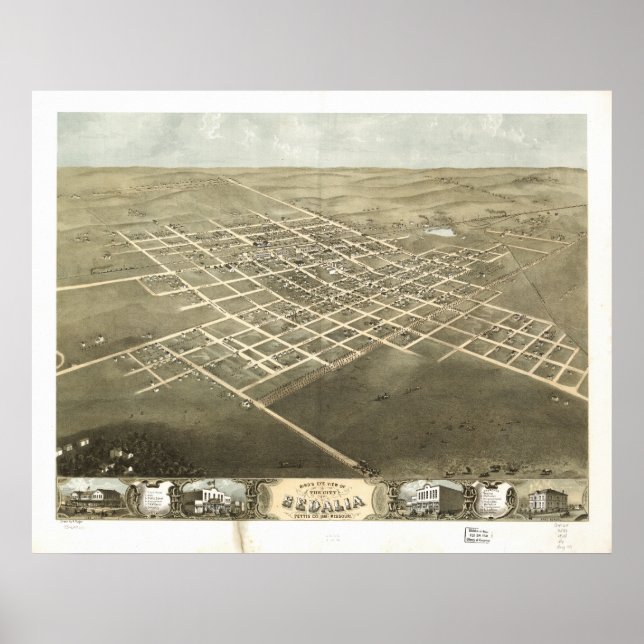 Sedalia Missouri 1869 Antique Panoramic Map Poster (Front)