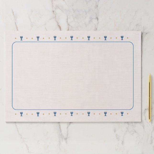 Seder Placemat, Linen Background with Blue Border Paper Pad (Insitu)