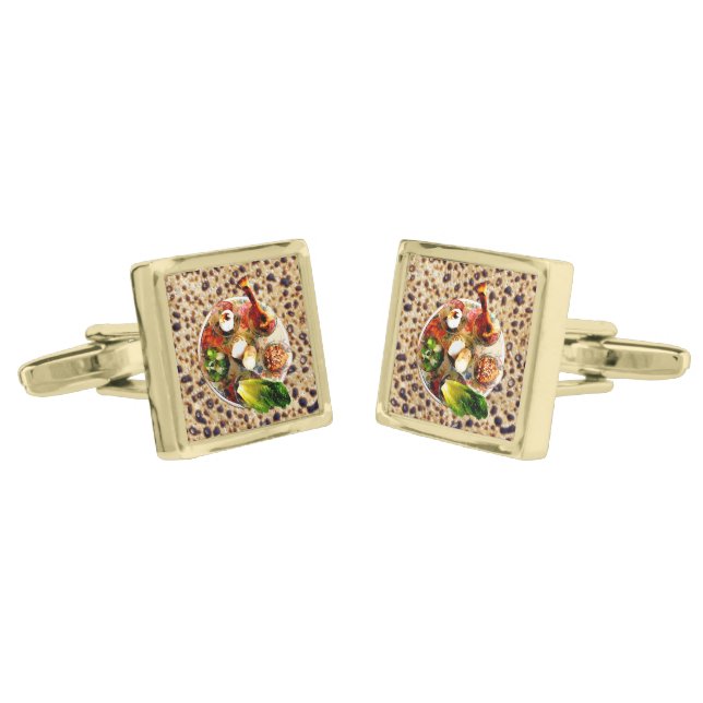 Seder Plate & Matzah Gold Cufflinks (Angled)