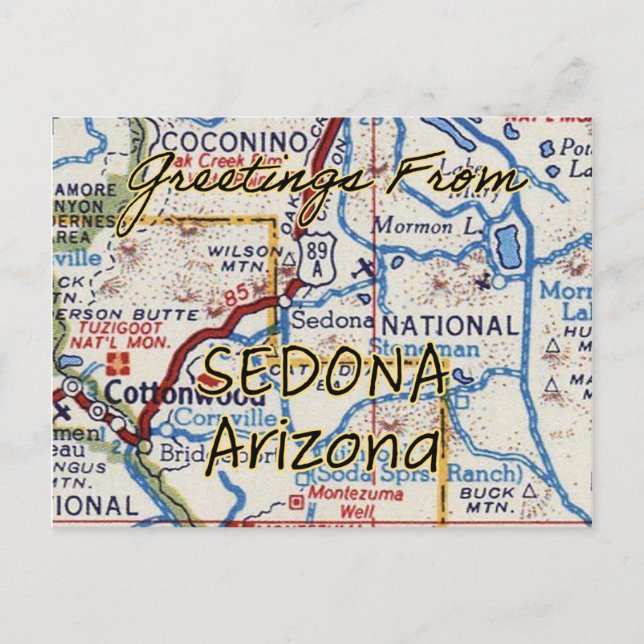 Sedona AZ Vintage Map Postcard (Front)