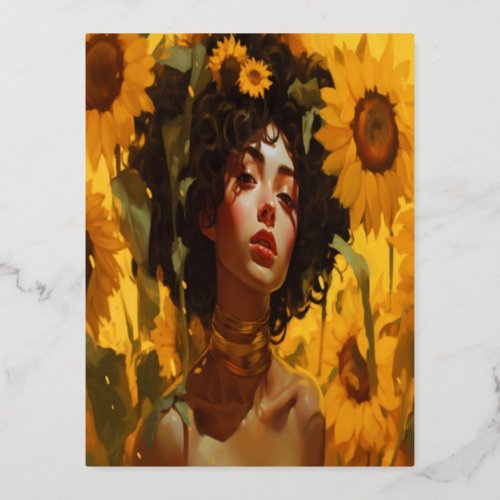 Seductive Sunflower Muse Foil Invitation Postcard