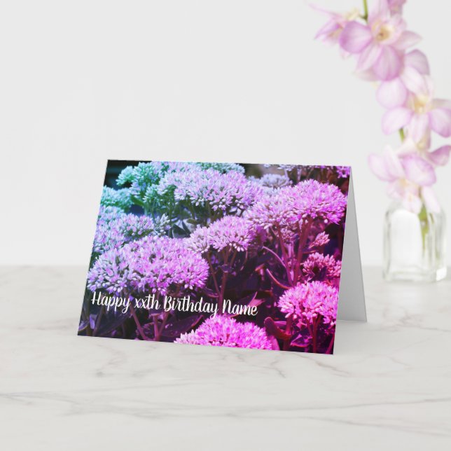 Sedum Rainbow Flower Personalized Birthday  Card (Orchid)