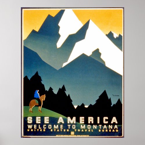 See America welcome to Montana mountains vintage Poster