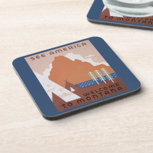 See America Welcome to Montana, Vintage Travel Beverage Coaster