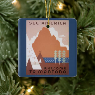 See America Welcome to Montana, Vintage Travel Ceramic Ornament
