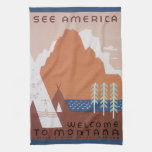 See America Welcome to Montana, Vintage Travel Kitchen Towel