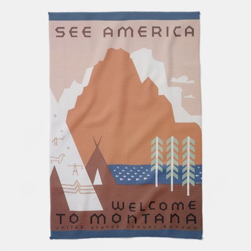 See America Welcome to Montana Vintage Travel Kitchen Towel